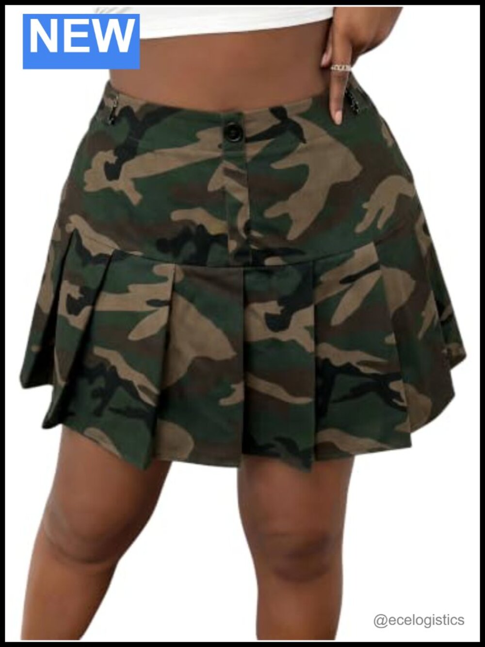 High Waisted Pleated A-Line Skirt Camo Print No Stretch